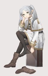Rule 34 | 1girl, 22 (291085645), belt, black belt, black pantyhose, boots, brown footwear, capelet, cheek rest, commentary request, dress, feet, frieren, green eyes, grey background, grey hair, hand on own cheek, hand on own face, highres, long hair, long sleeves, looking at viewer, pantyhose, parted bangs, parted lips, pointy ears, shirt, simple background, sitting, solo, sousou no frieren, striped clothes, striped shirt, suitcase, twintails, unworn boots, white capelet, white dress