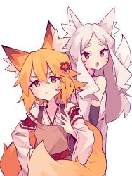 2girls :&lt; :o animal_ear_fluff animal_ears apron bare_shoulders black_gloves blonde_hair blush brown_apron elbow_gloves facial_mark flower fox_ears fox_girl fox_tail gloves hair_between_eyes hair_flower hair_ornament hand_on_own_hip hand_up highres japanese_clothes kazumiskill kimono long_hair long_sleeves looking_at_viewer medium_hair miko multicolored_hair multiple_girls open_mouth red_eyes ribbon-trimmed_sleeves ribbon_trim senko_(sewayaki_kitsune_no_senko-san) sewayaki_kitsune_no_senko-san shiro_(sewayaki_kitsune_no_senko-san) simple_background standing tail tail_raised two-tone_hair upper_body whisker_markings white_background white_hair wide_sleeves yellow_eyes