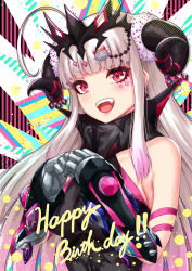 Rule 34 | 1girl, :d, ahoge, bare shoulders, black dress, black horns, blunt bangs, blush, breasts, commentary request, demon horns, dress, facial mark, fang, gloves, grey scrunchie, hair ornament, hair scrunchie, hands up, happy birthday, highres, horns, long hair, looking at viewer, medium breasts, multicolored background, open mouth, original, pink eyes, sakiyamama, scrunchie, silver hair, sleeveless, smile, solo, star-shaped pupils, star (symbol), symbol-shaped pupils, tagme, teeth, thick eyebrows, upper body, upper teeth only, very long hair, virtual youtuber