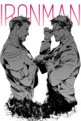 Rule 34 | 2boys, absurdres, arc reactor, armor, artist name, avengers: endgame, avengers (series), brown eyes, character name, closed mouth, collared jacket, collared shirt, commentary, dual persona, english commentary, facial hair, formal, full armor, glasses, greyscale, hand up, highres, iron man, jacket, long sleeves, looking at another, male focus, marvel, marvel cinematic universe, monochrome, multiple boys, necktie, open clothes, open jacket, power armor, shirt, short hair, simple background, suit, superhero costume, tony stark, toy (toy084)