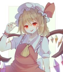 Rule 34 | 1girl, blonde hair, crystal wings, flandre scarlet, frills, hat, hat ribbon, highres, medium hair, red eyes, red ribbon, ribbon, riripika 2525, side ponytail, simple background, solo, tongue, tongue out, touhou, upper body, white background, wrist cuffs