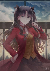 Rule 34 | 1girl, angel31424, black bow, black hair, black thighhighs, blue eyes, bow, breasts, commentary request, fate/stay night, fate (series), hair ornament, hair ribbon, jacket, long hair, long sleeves, looking at viewer, medium breasts, outdoors, red jacket, red ribbon, ribbon, signature, solo, thighhighs, tohsaka rin, two side up
