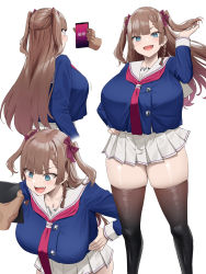 Rule 34 | 1boy, 1girl, black thighhighs, blue hair, blue shirt, blush, bow, braid, breasts, brown hair, cellphone, cleavage, commentary request, hair bow, hair ornament, hand up, hands on own hips, highres, holding, holding phone, large breasts, long hair, looking at phone, looking at viewer, microskirt, multiple views, oekakizuki, open mouth, original, phone, pleated skirt, purple bow, shirt, simple background, skirt, smile, thick thighs, thighhighs, thighs, white background, white skirt