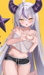 Rule 34 | 1girl, absurdres, ahoge, barefoot, black shorts, blush, breasts, fang, heart, heart hands, highres, hololive, horns, kithera, la+ darknesss, long hair, looking at viewer, multicolored hair, nail polish, open mouth, pointy ears, purple nails, short shorts, shorts, skin fang, small breasts, solo, streaked hair, tail, very long hair, virtual youtuber, white shorts, yellow background, yellow eyes
