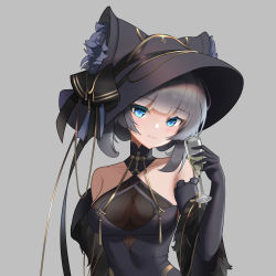 Rule 34 | 1girl, absurdres, animal ears, azur lane, bare shoulders, black dress, black gloves, black headwear, blue eyes, breasts, champagne flute, cheshire (azur lane), cheshire (cait sith crooner) (azur lane), china dress, chinese clothes, cleavage, cleavage cutout, clothing cutout, cup, dress, drinking glass, elbow gloves, fake animal ears, fang, feather boa, fedora, flower, gloves, grey background, grey hair, hat, hat flower, highres, large breasts, long hair, looking at viewer, medium breasts, official alternate costume, see-through, see-through cleavage, simple background, sleeveless, sleeveless dress, upper body, yibanmaotou