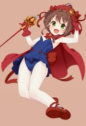 Rule 34 | 1990s (style), 1girl, :d, brown hair, cape, card, cardcaptor sakura, clow card, full body, gloves, green eyes, hat, highres, kinomoto sakura, leotard, magical girl, mary janes, muku (muku-coffee), open mouth, pantyhose, red gloves, red hat, retro artstyle, ribbon-trimmed clothes, ribbon trim, scepter, shoes, short hair, simple background, smile, solo, wand