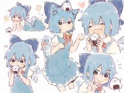 Rule 34 | animal ears, bell, blue background, blue dress, blue eyes, blue hair, bow, cat ears, cirno, dress, eating, food, hair between eyes, hair bow, highres, lying, mooosikasite, onigiri, paw pose, red bow, red neckwear, short hair, simple background, standing, touhou, v, white background
