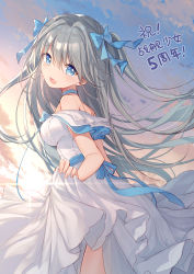 Rule 34 | 1girl, :d, absurdres, azur lane, bare shoulders, bison cangshu, blue bow, blue choker, blue eyes, blue ribbon, blush, bow, breasts, choker, commentary request, dress, from side, grey hair, hair between eyes, hammann (azur lane), highres, large breasts, long hair, looking at viewer, open mouth, ribbon, smile, solo, translation request, warship girls r, white dress