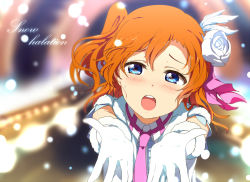 Rule 34 | 10s, 1girl, blue eyes, blush, brown hair, flower, gloves, hair flower, hair ornament, kosaka honoka, love live!, love live! school idol project, necktie, ogipote, one side up, open mouth, outstretched arms, snow halation, snowing, solo, song name, upper body, white gloves