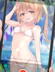 Rule 34 | 1girl, absurdres, arm up, artist name, bare arms, bare shoulders, bikini, blonde hair, blue sky, blurry, blurry background, blush, braid, breasts, brown eyes, cellphone, cloud, collarbone, commentary request, cowboy shot, crystal, day, flandre scarlet, groin, hair between eyes, haruki (colorful macaron), highres, holding, holding phone, light particles, long hair, looking at viewer, navel, no headwear, one side up, open mouth, outdoors, phone, fake phone screenshot, sky, small breasts, smartphone, solo, standing, stomach, string bikini, swimsuit, thighs, touhou, translation request, twitter username, white bikini, wings