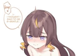 Rule 34 | 1girl, anya melfissa, blush, brown hair, dasdokter, english text, hololive, hololive indonesia, implied sex, long hair, open mouth, purple eyes, simple background, solo, two side up, virtual youtuber, wavy hair, white background
