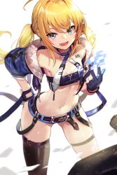 Rule 34 | 1girl, :d, ahoge, armpits, bandeau, bare shoulders, belt, black gloves, black panties, black thighhighs, blonde hair, blue choker, blue eyes, blue jacket, blue shorts, blurry, breasts, choker, collarbone, criss-cross halter, cropped jacket, depth of field, fang, fur trim, gloves, gluteal fold, goomrrat, halterneck, hand on own hip, highres, jacket, leaning forward, long hair, looking at viewer, micro shorts, midriff, navel, off shoulder, open clothes, open jacket, open mouth, original, panties, panty peek, revealing clothes, short shorts, shorts, sidelocks, simple background, single thighhigh, small breasts, smile, solo, standing, stomach, strap, tattoo, thigh strap, thighhighs, thighs, twintails, underwear, white background