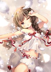 Rule 34 | 1girl, bare arms, bare shoulders, bloomers, braid, breasts, brown hair, collarbone, commentary request, feathers, green eyes, hair ribbon, kuga tsukasa, long hair, navel, one eye closed, original, red ribbon, ribbon, ribbon-trimmed bloomers, ribbon trim, shirt, short shorts, shorts, small breasts, solo, twin braids, underwear, underwear only, very long hair, white bloomers, white feathers, white shirt, white shorts