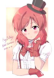 Rule 34 | 1girl, black hat, blush, bow, center frills, character name, closed mouth, clothing cutout, collarbone, cropped torso, dated, fingerless gloves, frills, gloves, hair between eyes, hand up, happy birthday, hat, heart cutout, highres, long hair, love live!, love live! school idol project, mini hat, mini top hat, nishikino maki, puffy short sleeves, puffy sleeves, purple eyes, red bow, red gloves, red hair, sen (sen0910), shirt, short sleeves, solo, swept bangs, tilted headwear, top hat, upper body, white shirt