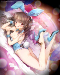 Rule 34 | 1girl, animal ears, ass, bare shoulders, blush, breasts, brown hair, closed mouth, collarbone, detached collar, fake animal ears, fake tail, full body, high heels, leotard, long hair, looking at viewer, medium breasts, mikami mika, nipples, open mouth, playboy bunny, purple eyes, rabbit ears, rabbit tail, smile, solo, tail, twintails