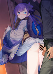 Rule 34 | 1boy, 1girl, anal, ass, blue eyes, blue kimono, blue ribbon, blush, breasts, censored, clothed sex, coffeekite, commentary request, fate/grand order, fate (series), flower, fujimaru ritsuka (male), hair flower, hair ornament, hair ribbon, hetero, highres, japanese clothes, kimono, long hair, long sleeves, looking back, meltryllis (fate), no panties, obi, open mouth, penis, purple hair, ribbon, sash, sex, sex from behind, small breasts, testicles, thighs, white kimono, wide sleeves