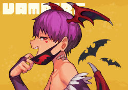 Rule 34 | 1girl, animal, bandaid, bat (animal), bat wings, bridal gauntlets, capcom, collarbone, copyright name, demon girl, demon horns, demon wings, english text, fangs, feather trim, from side, half-closed eyes, head wings, heart, heart tattoo, horns, hungry clicker, lilith aensland, looking at viewer, looking to the side, mask, mouth mask, purple hair, red eyes, sharp teeth, short hair, simple background, solo, tattoo, teeth, vampire (game), vampire (vocaloid), vocaloid, wings, yellow background