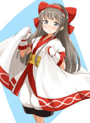 Rule 34 | 1girl, absurdres, aikawa ryou, blue background, blush, bow, closed mouth, commentary request, fingerless gloves, gloves, grey eyes, grey hair, hair bow, hairband, hand up, highres, holding, japanese clothes, kimono, long hair, nakoruru, obi, puffy short sleeves, puffy shorts, puffy sleeves, red bow, red hairband, samurai spirits, sash, short sleeves, shorts, smile, solo, two-tone background, very long hair, white background, white gloves, white kimono, white shorts
