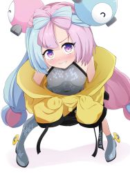 Rule 34 | 1girl, absurdres, black coat, blue hair, blush, bow-shaped hair, braid, breasts, c-rabbit, clothes pull, coat, covered collarbone, covered navel, creatures (company), eyes visible through hair, game freak, gen 1 pokemon, grey footwear, grey pantyhose, grin, hexagon print, highres, iono (pokemon), legs apart, light blue hair, long hair, long sleeves, low-tied long hair, magnemite, magnet, medium breasts, multicolored coat, multicolored eyes, multicolored hair, nintendo, nose blush, one-eyed, pantyhose, pigeon-toed, pink eyes, pink hair, pokemon, pokemon (creature), pokemon sv, pulled by self, purple eyes, screw, sharp teeth, simple background, single leg pantyhose, sleeves past fingers, sleeves past wrists, smile, standing, teeth, tight clothes, two-tone coat, two-tone hair, v-shaped eyebrows, very long hair, white background, yellow coat, yellow eyes
