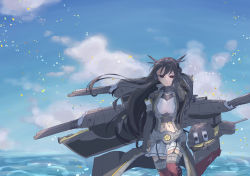 Rule 34 | 1girl, absurdres, anchor, black gloves, black hair, blue sky, breasts, closed mouth, cloud, coat, commentary, cowboy shot, day, floating hair, gloves, hairband, hand in own hair, headgear, highres, kantai collection, leg up, long hair, machinery, midriff, miniskirt, nagato (kancolle), nagato kai ni (kancolle), nami nami (belphegor-5812), navel, ocean, outdoors, partially fingerless gloves, pleated skirt, red eyes, red legwear, rigging, shaded face, skirt, sky, smile, solo, turret, water, weapon, white skirt