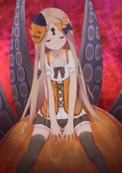 Rule 34 | 1girl, abigail williams (fate), absurdres, between legs, black bow, blush, bow, brown skirt, brown thighhighs, closed mouth, collarbone, cross-laced clothes, fate/grand order, fate (series), forehead, frilled skirt, frills, grin, hair bow, halloween, hand between legs, head tilt, highres, keyhole, light brown hair, long hair, mask, mask on head, orange bow, parted bangs, pleated skirt, polka dot, polka dot bow, puffy short sleeves, puffy sleeves, red eyes, shirt, short sleeves, skirt, smile, solo, su guryu, suction cups, tentacles, thighhighs, underbust, very long hair, white shirt
