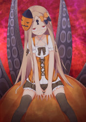 1girl abigail_williams_(fate) absurdres between_legs black_bow blush bow brown_skirt brown_thighhighs closed_mouth collarbone cross-laced_clothes fate/grand_order fate_(series) female_focus forehead frilled_skirt frills grin hair_bow halloween hand_between_legs head_tilt highres keyhole light_brown_hair long_hair mask mask_on_head orange_bow parted_bangs pleated_skirt polka_dot polka_dot_bow puffy_short_sleeves puffy_sleeves red_eyes shirt short_sleeves skirt smile solo su_guryu suction_cups tentacles thighhighs underbust very_long_hair white_shirt