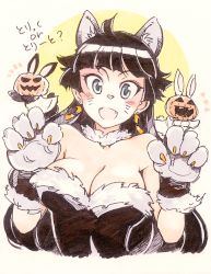 Rule 34 | 1girl, animal hands, black hair, blue eyes, breasts, cleavage, facial mark, gloves, halloween, hat, jack-o&#039;-lantern, kusanagi tonbo, large breasts, long hair, looking at viewer, open mouth, original, paw gloves, pumpkin, smile, solo, whisker markings, witch hat