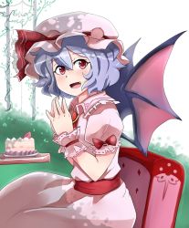 Rule 34 | 1girl, :d, bat wings, bow, brooch, bush, cake, chair, dress, fang, food, frilled shirt collar, frilled sleeves, frills, fruit, hat, hat ribbon, jewelry, looking at viewer, mob cap, nobu baka, open mouth, pink dress, puffy short sleeves, puffy sleeves, purple hair, red eyes, remilia scarlet, ribbon, ribbon-trimmed sleeves, ribbon trim, sash, short sleeves, sitting, smile, solo, steepled fingers, strawberry, table, touhou, wings, wrist cuffs