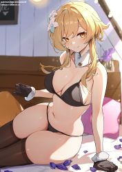 Rule 34 | 1girl, arm support, bare arms, bare shoulders, bikini, black bikini, blonde hair, breasts, cleavage, closed mouth, cowboy shot, day, detached collar, flower, fur-trimmed gloves, fur collar, fur trim, genshin impact, gloves, hair flaps, hair flower, hair ornament, highres, indoors, large breasts, lily (flower), looking at viewer, lumine (genshin impact), navel, on bed, petals, pillow, purple flower, short hair with long locks, sidelocks, simao (x x36131422), sitting, skindentation, smile, solo, stomach, string bikini, sunlight, swimsuit, thighhighs, vase