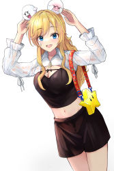 Rule 34 | 1girl, :d, absurdres, arms up, bag, black shorts, blue eyes, boo (mario), breasts, cleavage, collared shirt, cowboy shot, deen (hnxp8555), highres, large breasts, long hair, long sleeves, mario (series), navel, nintendo, ohtsuki yui, open mouth, shirt, shorts, simple background, smile, solo, star (symbol), super star (mario), stomach, teeth, upper teeth only, white background