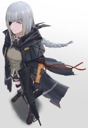 Rule 34 | 1girl, absurdres, assault rifle, braid, commentary request, eni rei, eyepatch, full body, girls&#039; frontline, gloves, grey hair, gun, highres, holding, holding gun, holding weapon, jacket, long hair, looking at viewer, m16, m16a1, m16a1 (boss) (girls&#039; frontline), miniskirt, mole, mole under eye, multicolored hair, open clothes, open jacket, orange eyes, orange hair, pleated skirt, rifle, scar, scar across eye, scar on face, shadow, skirt, solo, standing, streaked hair, weapon