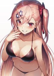 Rule 34 | 1girl, bare shoulders, bikini, black bikini, blush, bow, braid, breasts, collarbone, dakunesu, girls&#039; frontline, grin, groin, hair between eyes, hair bow, hair ornament, hair ribbon, hairclip, hand up, hexagram, highres, leaning forward, long hair, looking at viewer, medium breasts, navel, negev (girls&#039; frontline), one side up, pink hair, pink lips, red bow, red eyes, ribbon, simple background, smile, solo, star of david, stomach, swimsuit, wet