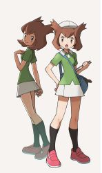 Rule 34 | 1girl, bad id, bad twitter id, bag, bianca (pokemon heroes), black legwear, brown eyes, brown hair, closed mouth, commentary, creatures (company), eyelashes, game freak, hand up, hat, highres, holding, knees, looking at viewer, looking back, miniskirt, multiple views, nintendo, open mouth, pink footwear, pokemon, pokemon (anime), pokemon (classic anime), pokemon heroes: latios &amp; latias, shoes, short hair, short sleeves, shoulder bag, skirt, smile, socks, standing, thighs, tongue, white headwear, white skirt, yoshi (moco1)