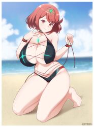Rule 34 | 1girl, absurdres, barefoot, beach, bikini, black bikini, breasts, chest jewel, choker, cleavage, female focus, full body, gem, highres, huge breasts, kdtwifi, kneeling, looking at viewer, navel, ocean, outdoors, pyra (xenoblade), red eyes, red hair, shiny skin, short hair, sky, solo, stomach, swept bangs, swimsuit, thighs, tiara, tiptoes, wristband, xenoblade chronicles (series), xenoblade chronicles 2