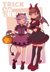 Rule 34 | 2girls, :d, bare legs, black legwear, blue eyes, bow, brown hair, choker, demon tail, demon wings, dress, drop shadow, english text, frilled dress, frilled gloves, frills, full body, gloves, hair bow, hair ornament, hairband, hairclip, halloween, holding hands, horn ornament, horns, idolmaster, idolmaster cinderella girls, inverted colors, jack-o&#039;-lantern, koshimizu sachiko, lantern, layered dress, looking at viewer, low wings, mary janes, multiple girls, muted color, one eye closed, open mouth, platform footwear, puffy sleeves, pumpkin, purple frills, purple gloves, purple hair, red footwear, red frills, red legwear, rounded corners, sakuma mayu, shoes, short hair, simple background, smile, standing, tail, thighhighs, trick or treat, uso (ameuzaki), wings