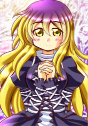 Rule 34 | 1girl, blonde hair, blush, cross-laced clothes, dress, frilled dress, frilled sleeves, frills, gradient hair, hijiri byakuren, kazamidori (sleeping clock), layered dress, long hair, long sleeves, multicolored hair, own hands clasped, own hands together, puffy long sleeves, puffy sleeves, purple hair, smile, solo, touhou, turtleneck, yellow eyes