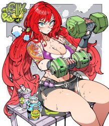 Rule 34 | 1girl, :/, arm tattoo, bikini, bikini under clothes, black gloves, bottle, breasts, cleavage, collarbone, copyright request, cup, dolphin shorts, dragon tattoo, drinking straw, dumbbell, elly (vtuber), exercising, fingerless gloves, gloves, green eyes, highleg, highleg bikini, kafun, large breasts, long hair, looking at viewer, red hair, sanpaku, short shorts, shorts, sitting, solo, sweat, swimsuit, tattoo, thick thighs, thighs, twintails, v-shaped eyebrows, very long hair, virtual youtuber, water bottle, watermark, weightlifting