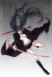 Rule 34 | 1girl, black hair, kagerou (shadowmage), long hair, red eyes, short shorts, shorts, solo, sword, twintails, very long hair, weapon