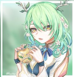 Rule 34 | 1girl, apple, artist name, blue nails, blue neckwear, branch, breasts, ceres fauna, commentary, fingernails, flower, fluxntea, food, fruit, green hair, hair flower, hair ornament, highres, holding, holding food, holding fruit, hololive, hololive english, leaf, looking at viewer, mole, mole under eye, nail polish, solo, teeth, virtual youtuber, yellow eyes
