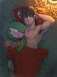 Rule 34 | 1boy, 1girl, blush, brown hair, closed eyes, colored skin, creatures (company), game freak, gardevoir, gen 3 pokemon, grass, hand on another&#039;s chest, hand on another&#039;s shoulder, heart-shaped mouth, highres, lying, multicolored skin, mystical (plantpenetrator), nintendo, on back, on grass, pokemon, pokemon (creature), pokephilia, red shirt, saliva, shirt, smile, topless male, two-tone skin, white skin