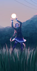 Rule 34 | 1girl, ^ ^, animal ears, arms up, black jacket, blush, breath, brown hair, buttons, closed eyes, double-breasted, facing viewer, field, forced perspective, gloves, grass, highres, horse ears, horse girl, horse tail, jacket, long hair, long sleeves, mamare, mountainous horizon, open mouth, outdoors, ponytail, purple skirt, purple thighhighs, sakura bakushin o (umamusume), scarf, skirt, smile, solo, standing, sun, sunset, tail, thighhighs, umamusume, v-shaped eyebrows