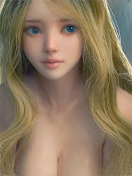 Rule 34 | 1girl, bare shoulders, blonde hair, blue eyes, blush, breasts, cleavage, eyebrows, highres, lips, lipstick, long hair, looking away, makeup, medium breasts, no bra, nose, original, parted lips, pink lips, portrait, realistic, ryan tien, shiny skin, solo, upper body