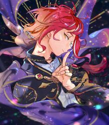Rule 34 | 1boy, black jacket, cape, ensemble stars!, facing to the side, finger to mouth, jacket, jewelry, long sleeves, looking at viewer, male focus, multicolored hair, necklace, purple cape, red hair, sakasaki natsume, shimogamo koushi, short hair, shushing, solo, white hair, yellow eyes