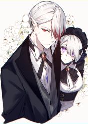 Rule 34 | 1boy, 1girl, absurdres, asymmetrical hair, au ra, black bow, black bowtie, black jacket, black ribbon, bow, bowtie, breasts, brooch, butler, collared shirt, cropped torso, earclip, elezen, elf, eyelashes, facial mark, final fantasy, final fantasy xiv, floral background, from above, grey hair, hair behind ear, hair over one eye, highres, horns, jacket, jewelry, long sleeves, looking at another, looking at viewer, looking to the side, looking up, maid, maid headdress, motsuni (lxxe1120), multicolored hair, one eye covered, pointy ears, purple eyes, red eyes, red hair, ribbon, scales, shirt, short hair, streaked hair, vest, warrior of light (ff14), white shirt