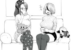 Rule 34 | +++, 2girls, black skirt, breasts, closed eyes, commentary, commission, copyright request, couch, crossed legs, cup, dima (mr december206), drinking, english commentary, feet out of frame, glasses, greyscale, hair over one eye, happy, high ponytail, highres, kirby, kirby (series), large breasts, legs together, long hair, looking at another, medium breasts, meta knight, miniskirt, monochrome, mug, multicolored hair, multiple girls, nintendo, norman maggot, open mouth, original, pencil skirt, phayla (mr december206), pleated skirt, ponytail, print legwear, reading, ribbed sweater, shadow, short hair, sitting, skirt, sleeves pushed up, smile, star (symbol), star print, streaked hair, stuffed toy, sweater, thighhighs, two-tone hair, white hair, white sweater, zettai ryouiki