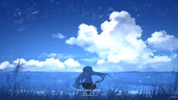 1girl anniversary blue_sky blurry blurry_foreground character_name cloud cloudy_sky contrail cumulonimbus_cloud day facing_away grass hatsune_miku highres horizon landscape nature outdoors rune_xiao scenery signature sky solo very_wide_shot vocaloid