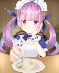 Rule 34 | 1girl, ahoge, blurry, blurry background, blush, braid, breasts, cleavage, colored inner hair, commentary request, drill hair, feeding, food, hair ribbon, hololive, incoming food, long hair, looking at viewer, maid, maid headdress, medium breasts, minato aqua, minato aqua (1st costume), multicolored hair, place, plate, porridge, pov, purple eyes, purple hair, ribbon, smile, solo, spoon, table, twin drills, upper body, virtual youtuber, yuty cg