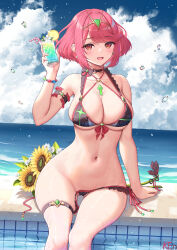 Rule 34 | 1girl, absurdres, artist name, bead bracelet, beads, bikini, black bikini, blue sky, bracelet, breasts, chest jewel, cloud, commentary request, cup, day, drink, drinking glass, earrings, flower, headpiece, highres, holding, holding cup, jewelry, ken-san, large breasts, looking at viewer, navel, ocean, open mouth, outdoors, pool, pyra (xenoblade), red eyes, red hair, short hair, sitting, sky, smile, solo, sunflower, swimsuit, thigh strap, thighs, water, wet, xenoblade chronicles (series), xenoblade chronicles 2, yellow flower