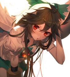 Rule 34 | 1girl, ahoge, arm cannon, backlighting, bent over, blush, bow, breasts, brown hair, cape, cleavage, green skirt, hair between eyes, hair bow, hand in own hair, kikugetsu, light particles, long hair, looking at viewer, nose blush, parted lips, puffy short sleeves, puffy sleeves, red eyes, reiuji utsuho, shirt, short sleeves, sidelocks, simple background, skirt, small breasts, solo, thighs, third eye, touhou, weapon, white background, white shirt