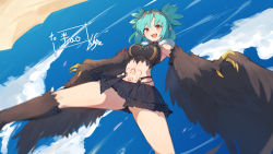 Rule 34 | 1girl, :d, aqua hair, bare shoulders, bird legs, black feathers, black socks, black skirt, black wings, blue sky, breasts, claws, cloud, commission, crop top, day, fangs, feathered wings, feathers, feet out of frame, flying, harpy, headpiece, heart, indie virtual youtuber, kneehighs, lansane, lincoro, looking at viewer, medium breasts, monster girl, navel, neck ruff, open mouth, outdoors, pointy ears, pubic tattoo, red eyes, skeb commission, skirt, sky, sleeveless, smile, socks, solo, stomach tattoo, talons, tattoo, virtual youtuber, winged arms, wings